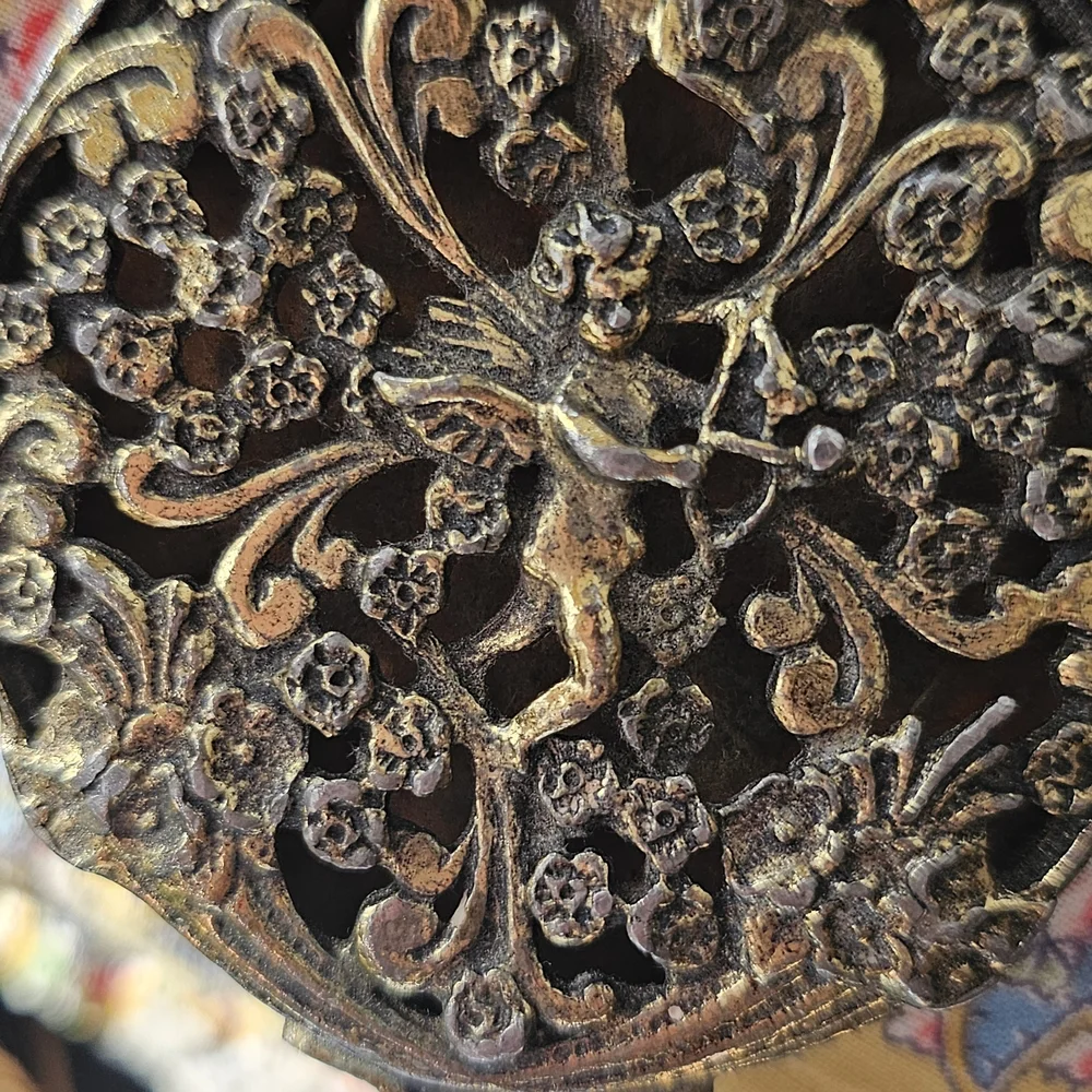 Vintage Hollywood Regency Ornate GOLD TONE PURSE HAND MIRROR ROMANTIC CUPID